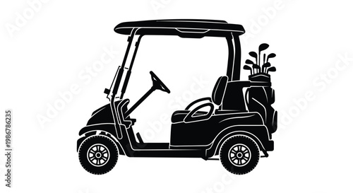 Black silhouette of a golf cart with clubs side view