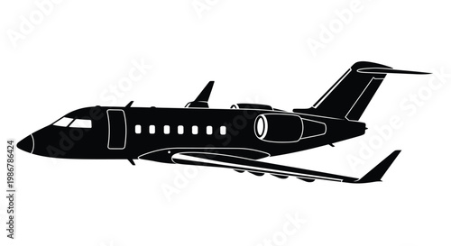 Silhouette of a private jet in flight against a white background