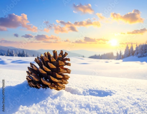 A serene winter landscape with a pine cone in the foreground