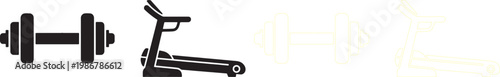 Black and yellow silhouettes of dumbbell and treadmill