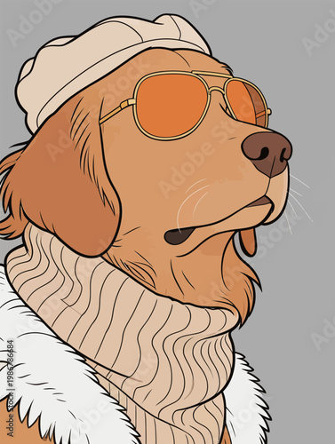 Stylish Golden Retriever in Fashionable Outfit Illustration