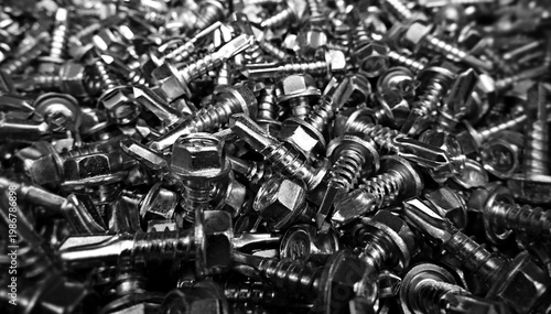 A close up view of loose hex head self tapping screws
