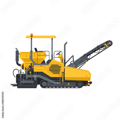 Yellow asphalt paver machine on white background, construction equipment