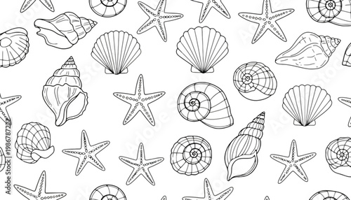 Seashell seamless pattern with starfish and spiral shells illustration