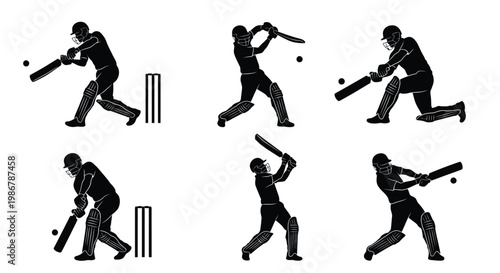 Silhouette illustrations depicting various stages of a cricket batting sequence