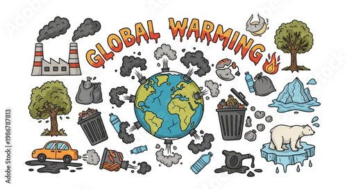 Global Warming Illustration - Earth in Crisis, Pollution, and Environmental Impact.