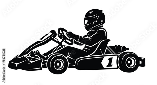 Black and white illustration of a racer driving a go kart