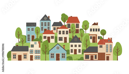 A colorful illustration of houses on a green hillside with trees