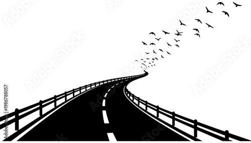 Road silhouette with birds flying away on a white background
