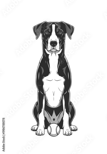 Black and White Drawing of a Sitting Great Dane Dog with a Tennis Ball Isolated on transparent background