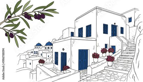 Greece village illustration with white buildings and blue doors and windows