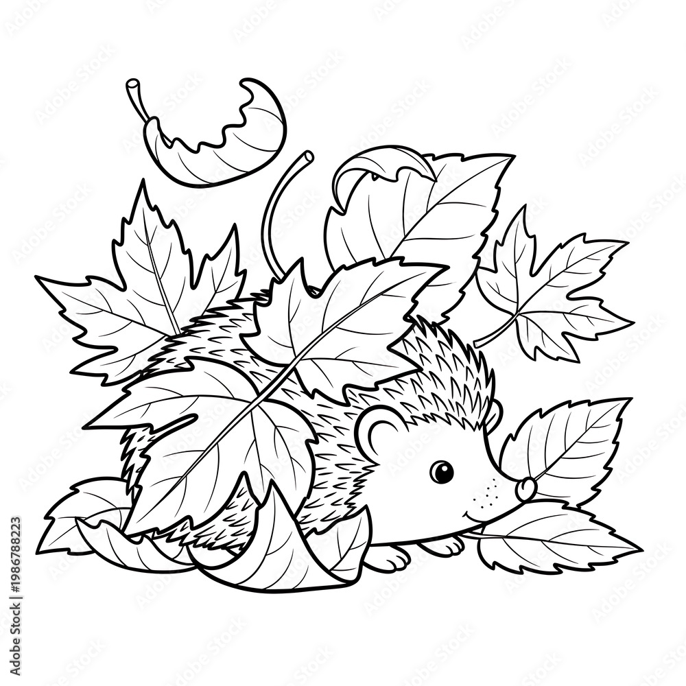 Fototapeta premium Cute hedgehog nestled among autumn leaves