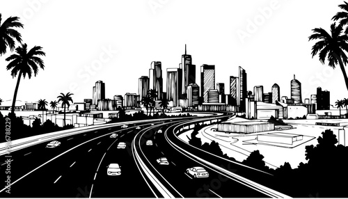 City highway vector illustration with palm trees and skyscrapers in background