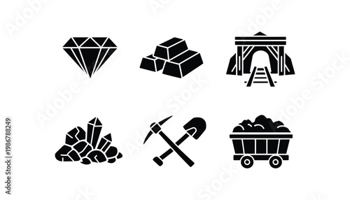 Mining icon set including diamond, gold bars, and pickaxe