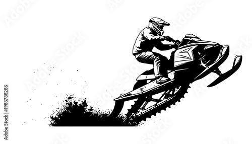 A snowmobile rider in a black silhouette vector illustration speeding through snow