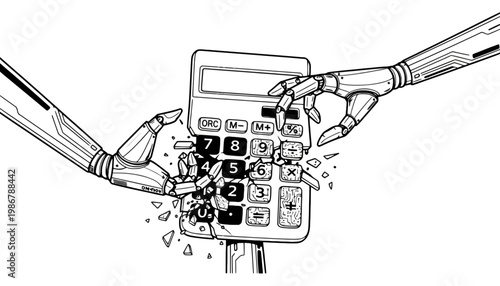 A robotic hand destroying a calculator with another robotic hand reaching out