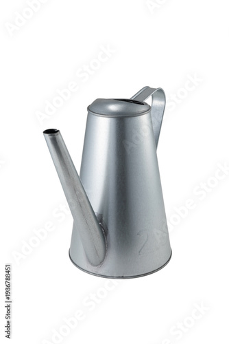 Steel made, silver colored watering can, isolated on white background.
