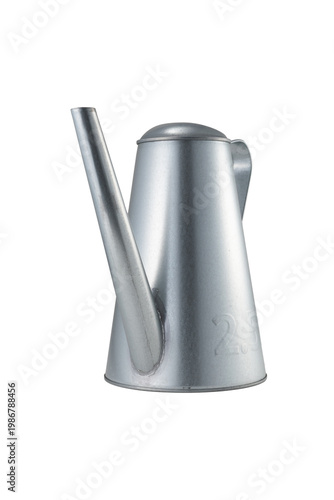 Steel made, silver colored watering can, isolated on white background.