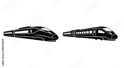 Two black silhouettes of high speed trains facing opposite directions