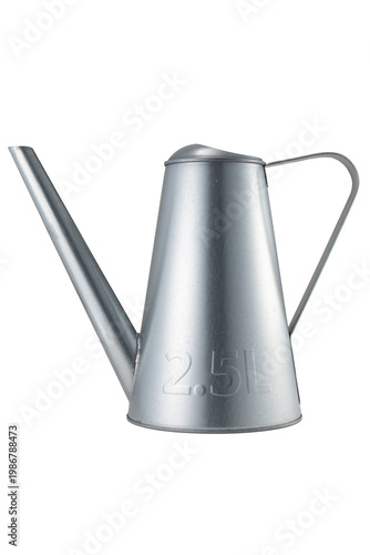 Steel made, silver colored watering can, isolated on white background.