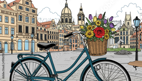 A bicycle with a wicker basket full of flowers in a city square