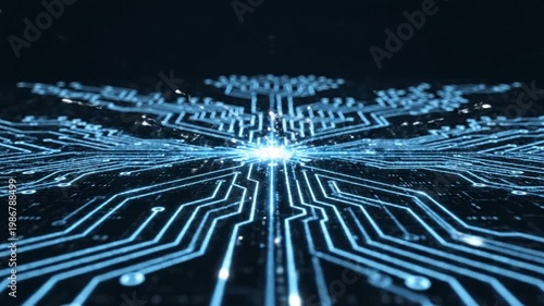 Abstract glowing blue circuit board pattern with intricate pathways and a bright central light representing technology