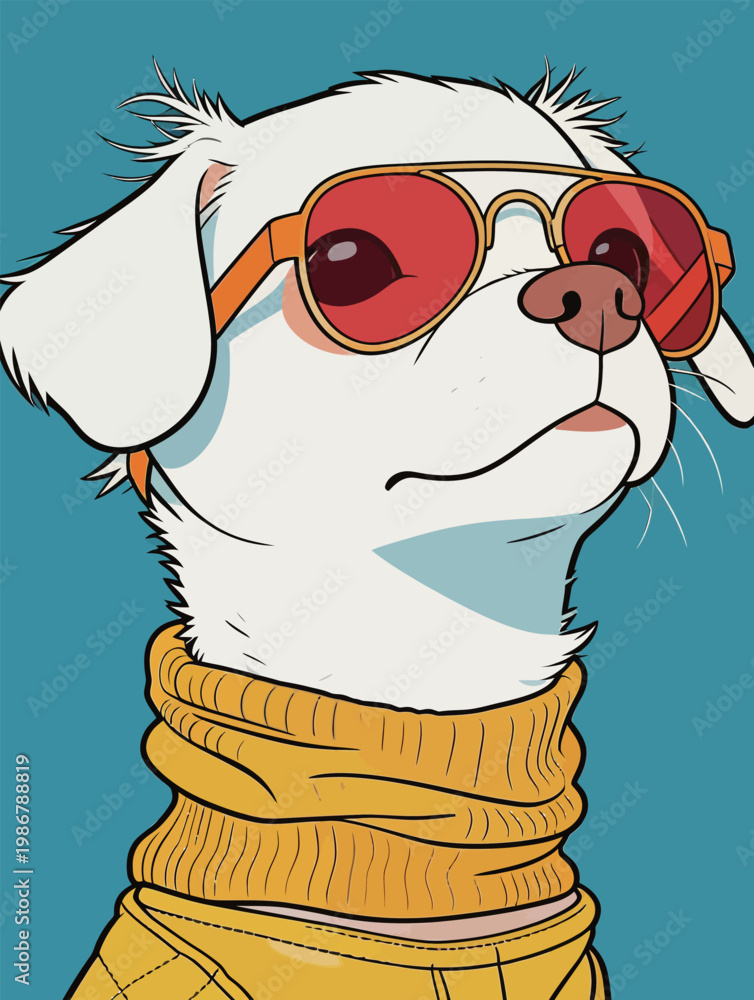 Obraz premium Stylish White Dog with Red Sunglasses and Yellow Sweater