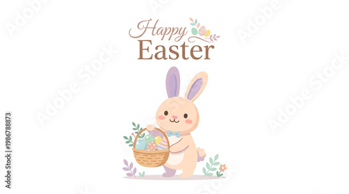 Cute cartoon easter bunny holding colorful easter eggs in a cheerful spring holiday design