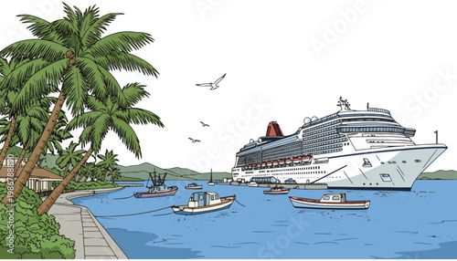 A large cruise ship vector illustration docked near a tropical island paradise