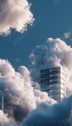 Tower Emerging from Dense Clouds Against a Blue Sky