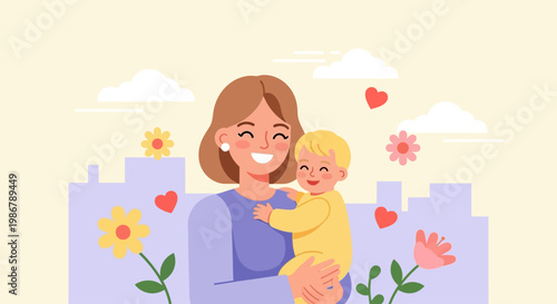 Smiling Mother Hugging Happy Blond Child for Mother's Day Vector Illustration