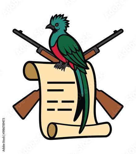 Quetzal bird perched on scroll with tropical leaves and nature emblem, wildlife conservation themed vector illustration for eco awareness design.
