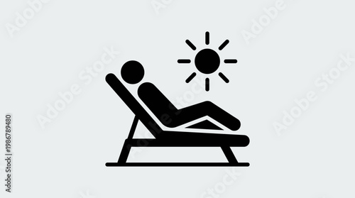 A simple flat vector icon of a person relaxing on a beach lounge chair under the sun.