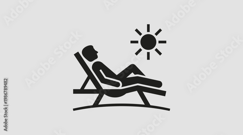 A simple flat vector icon of a person relaxing on a beach lounge chair under the sun.