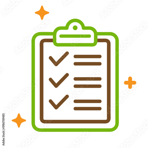 Clipboard Checklist Vector Line Icon in Green and Brown with Checkmarks Task List and To-Do Symbol with Orange Sparkle Accents on White Background