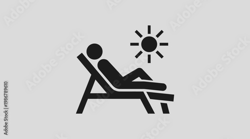 A simple flat vector icon of a person relaxing on a beach lounge chair under the sun.