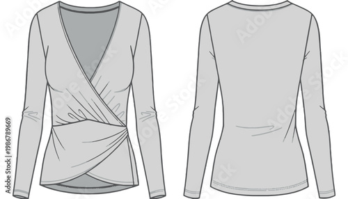 A gray long sleeve wrap shirt technical drawing illustration