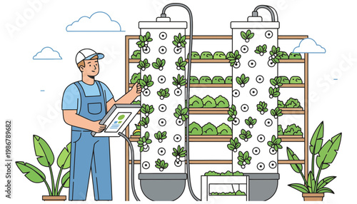 A farmer tends to a vertical farm with a tablet in hand