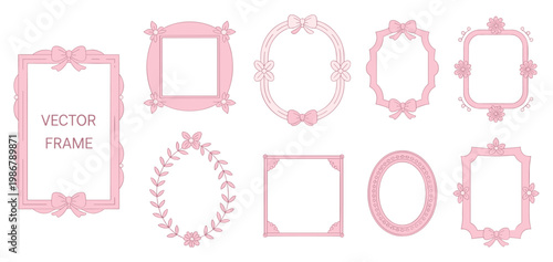 Set of nine light pink decorative frames with bows and floral accents in various rectangular and oval shapes on a white background