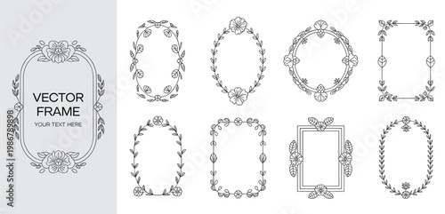 Set of eight black and white floral frames with oval and rectangular shapes featuring botanical leaves and blossom for decorative borders and text placeholders