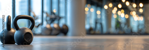 Two kettlebells on a gym floor with blurred background.