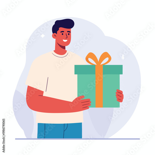 Man holding a gift box with a bow and smiling