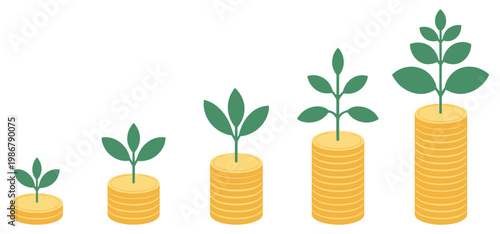 Five stacks of gold coins increasing in height with green plant sprouts growing from the of each pile in a flat style