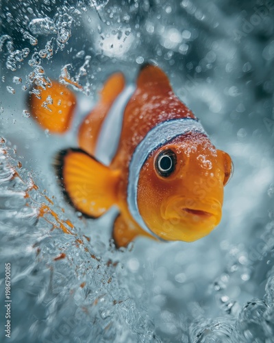 Colorful Clownfish Swimming Through Bubbles in Clear Water
