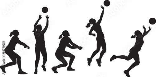 Vector illustration of diverse sports people and silhouettes of dancing girls featuring soccer and basketball athletes in black action poses for team fitness and competition