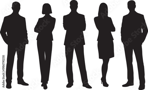 A professional vector illustration featuring a business woman silhouette standing with a diverse group of people, including a team of businessmen and a family, designed in a clean black shadow style