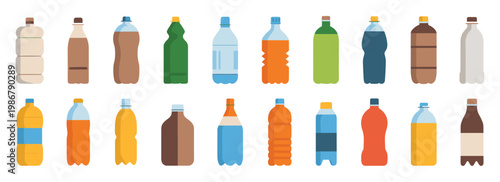 Photography Set of twenty flat plastic bottles with various shapes colors and caps arranged