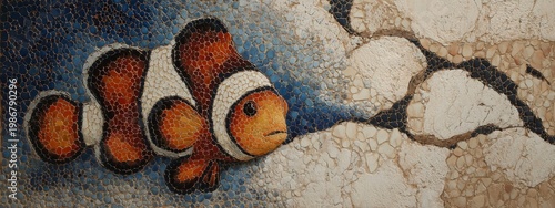 Colorful Mosaic of a Clownfish Swimming Among Coral Reefs