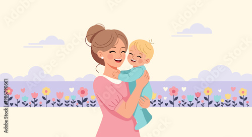 Mother Happily Hugging and Lifting Smiling Child for Mother's Day Vector Illustration