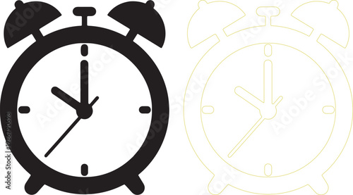Simple round alarm clock silhouettes black and yellow outline